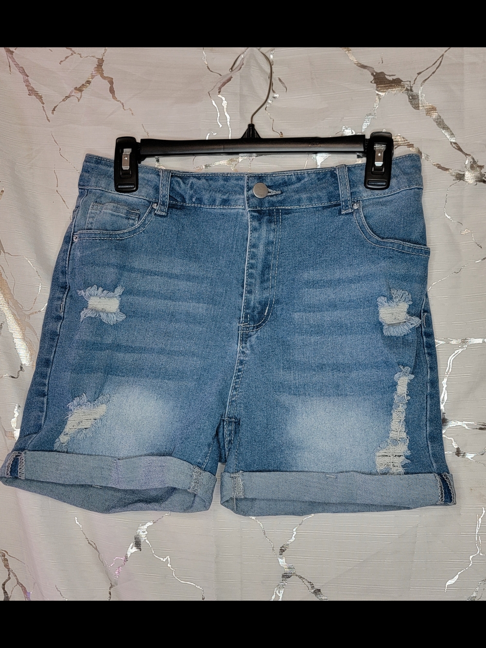 Casual Distressed Blue Denim Shorts Rolled Hem - Women Size Medium